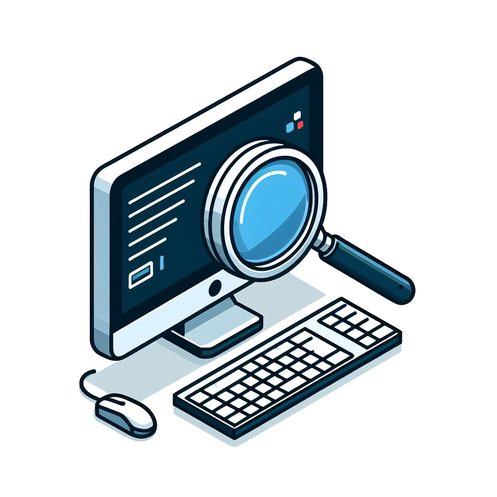 Image of a computer with a magnifier glass searching for a text